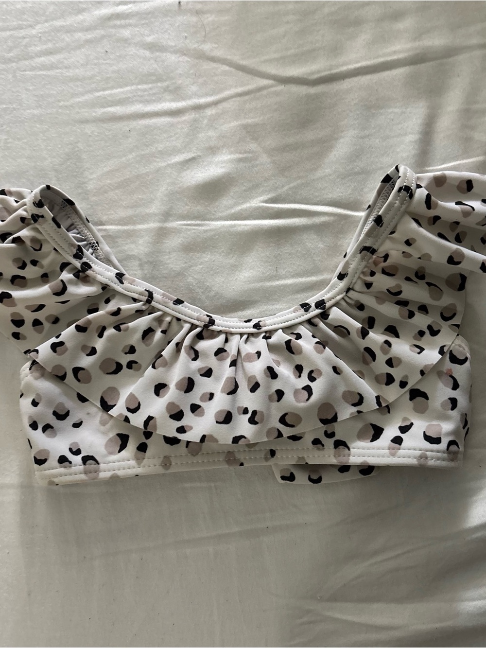 Jessica Simpson Girls Leopard Ruffle Swim Crop Top - White/Black/Taupe